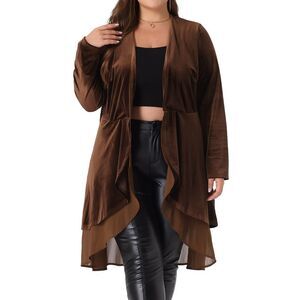 Plus Size Velvet Cardigan Ruffled Asymmetric Open Front Long Jacket Brown